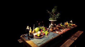 CGI A vibrant table filled with diverse food and drinks for a festive gathering video