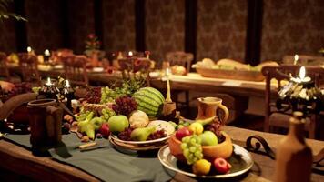 CGI A feast of assorted food and drinks on a beautifully set rustic table video