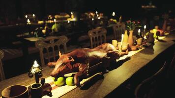 CGI A lavish feast featuring various food and drinks on a long dining table video