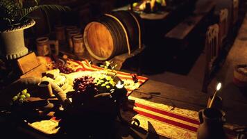 CGI A variety of food and drinks displayed on a rustic table in a dimly lit setting video