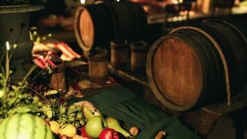 CGI A rustic table display featuring various foods and beverages at a gathering video
