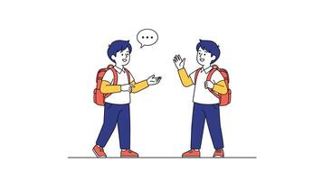Two Young Students with Backpacks Talking About Technology or Project for School Day vector
