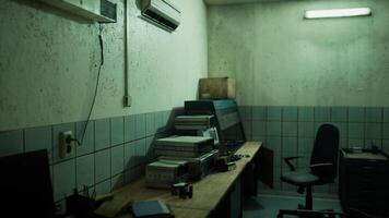 CGI An empty and dimly lit office with old equipment and a worn chair video