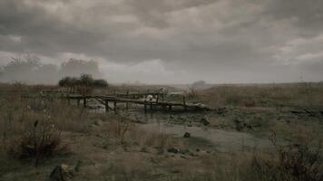 CGI Dried landscape with a wooden bridge under a cloudy sky during twilight video