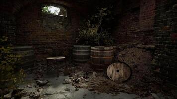 CGI Old rustic storage area with barrels, chair, and scattered debris in dim light video