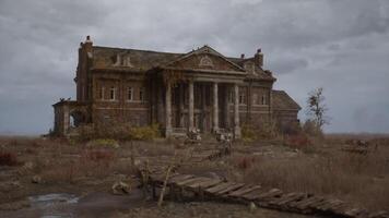 CGI Abandoned mansion surrounded by overgrown landscape and cloudy sky video