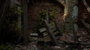 CGI Ruins of an old building with vegetation and wooden beams on the ground video