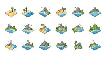 Isometric Illustration Set of Variety of Islands with Mountains Trees and Beaches vector