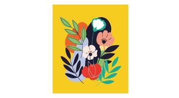 Abstract Art Composition Featuring Flowers Leaves and Geometric Shapes on a Yellow Background vector