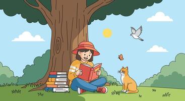A Moment of Tranquility A Young Woman Reads Under a Shade Tree With Her Cat vector