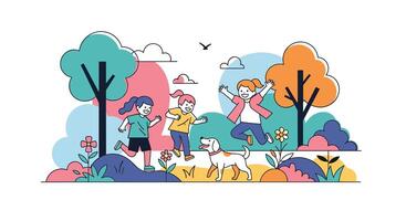 Joyful Day with Friends and Dog in the Park Under the Tree vector