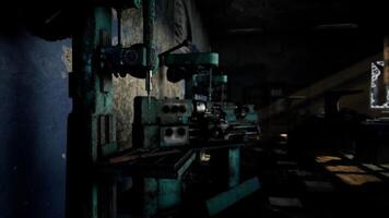 CGI Old machine in a dimly lit workshop with aged walls and scattered tools video