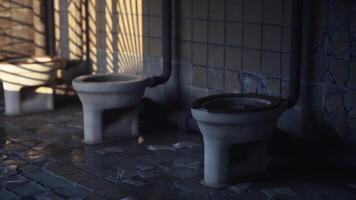 CGI Abandoned restroom with broken toilets in dim light during evening hours video