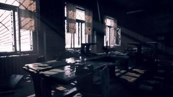 CGI Abandoned sewing workshop illuminated by sunlight in a deserted building video