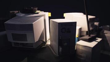 CGI Close up view of old computers and equipment in a dimly lit room video