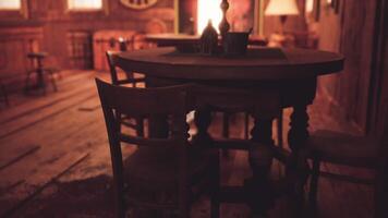 CGI Cozy interior of a rustic saloon with wooden furniture and dim lighting video