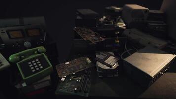 CGI Old electronic components and devices scattered on a dark workbench video