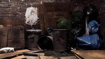CGI Cluttered storage room filled with trash bags and cardboard boxes in dim light video