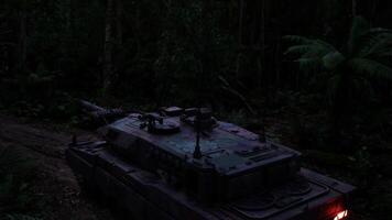 CGI Tank navigating through a dense jungle at dusk video