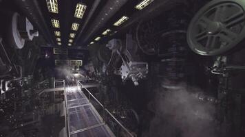 CGI Industrial interior with machinery and walkways in a dimly lit environment video