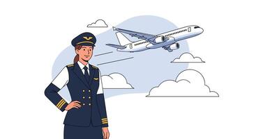 Female Airplane Pilot in Uniform Guiding Passengers on Safe Flights Across Countries vector