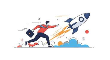 Reaching Goals in Business A Young Man Running With a Rocket to Success vector