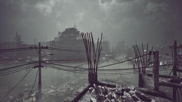 CGI Desolate urban landscape with ruins and power lines during a cloudy day video