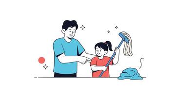 Father Teaching Daughter How To Do Chores Together In the House Keeping Up vector