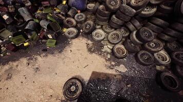 CGI Discarded tires and waste containers in a cluttered recycling facility video