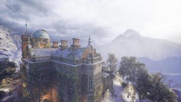 CGI Snow covered mansion at twilight surrounded by mountains and trees video