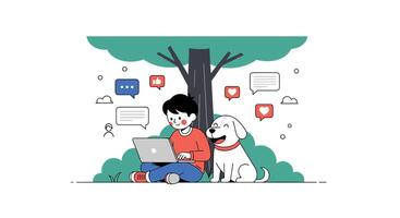 Person with a Dog Using Laptop in Nature Under Tree with Social Media Icons vector