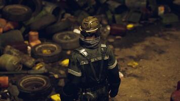 CGI Worker standing amidst piles of discarded tires and debris at a waste site video