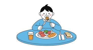 A Young Boy Enjoying a Nutritious Meal at a Blue Round Table vector