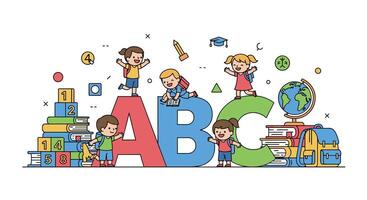 Enthusiastic children happily engaging in learning activities within a vibrant and colorful educational environment vector