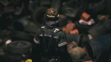 CGI Worker inspecting debris in a waste management facility during evening hours video