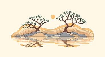 Zen Landscape Reflection a Tranquil Scene of Trees Water and Setting Sun vector