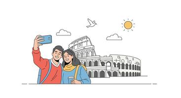 Couple enjoying vacation together and taking a selfie with historical landmark on background vector