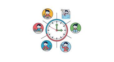 Daily Activities Timetable For Children Displaying Icons With Clock And Child Illustrations vector