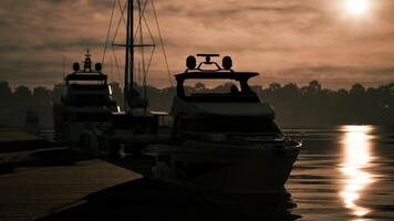 CGI Evening silhouettes of yachts docked near a tranquil lakeside at dusk video
