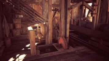 CGI Inside an old watermill showcasing rustic gears and wooden structures video