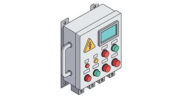 Industrial Control Panel Box with Display Buttons and Hazard Warning Symbol on Wall vector
