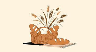The Freshly Baked Breads and Wheat Grains Displayed in a Woven Basket Design vector