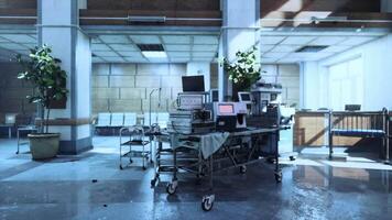 CGI Abandoned hospital interior with equipment left in disarray and overgrowth video
