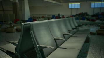 CGI Abandoned airport terminal with empty seating area and scattered luggage video