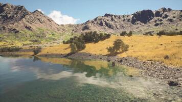 CGI Tranquil lakeside view with mountains in the background during daylight video