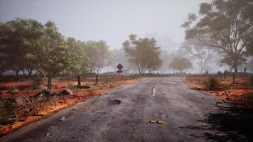 CGI A deserted road through a foggy landscape with sparse vegetation in Australia video