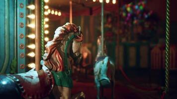 CGI Empty amusement park at night with faded carousel horses waiting for visitors video