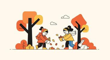 Enjoying the simple joys of autumn two girls gather leaves in a park vector