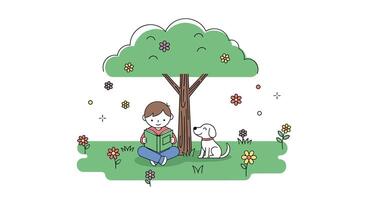 A Boy and His Dog Reading Together Under the Shady Tree Outside vector