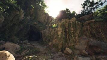 CGI Exploring a lush cave entrance surrounded by vibrant foliage in Indonesia video